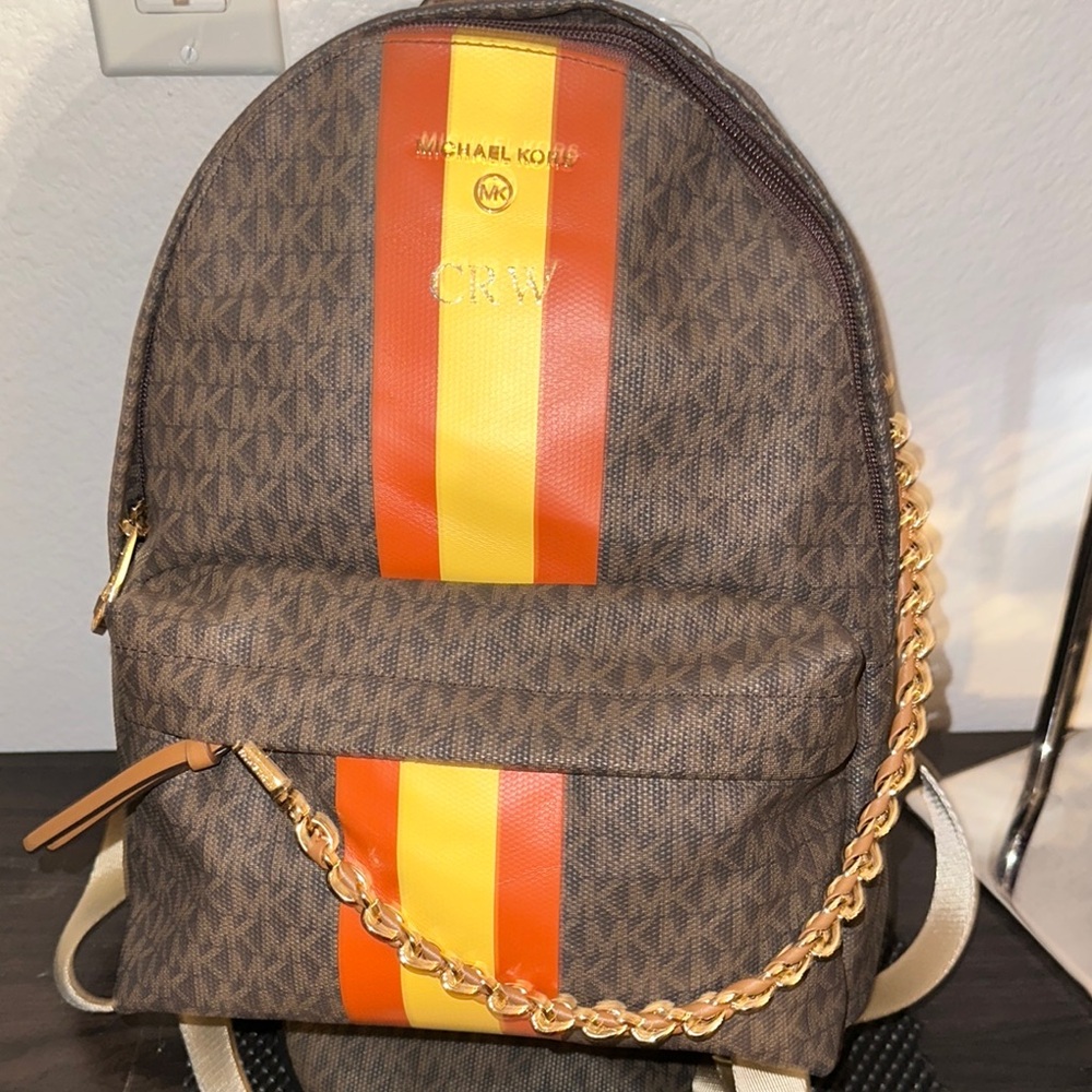 Michael Kors Slater Medium Backpack Orange and Yellow Signature Logo Stripe